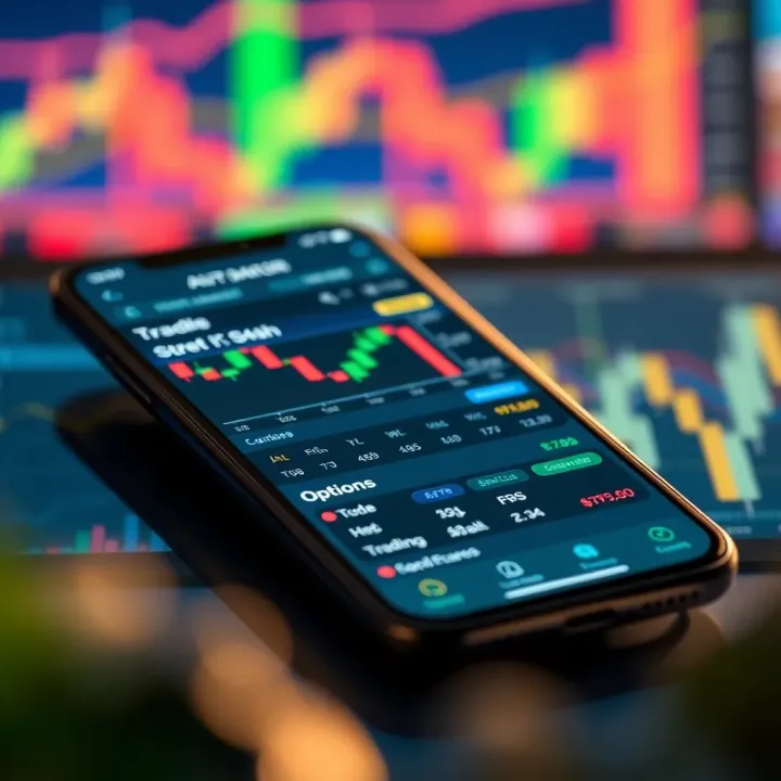 Trading App Interface Highlighting Key Features for Cost-Effective Trading Illustration of mobile phone displaying a trading platform interface with stock charts and options