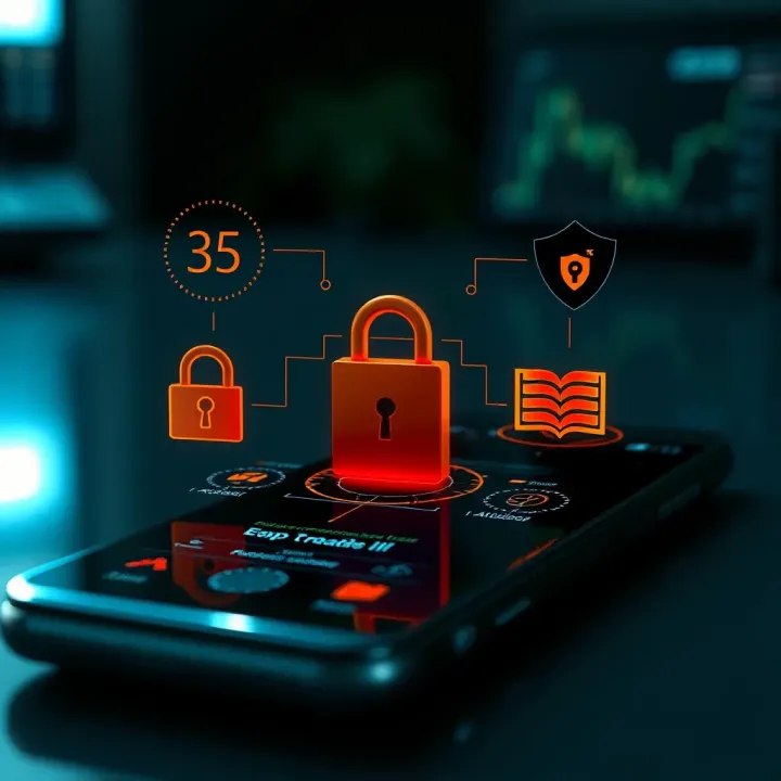 Illustration of security features like encryption and data protection icons over a mobile device