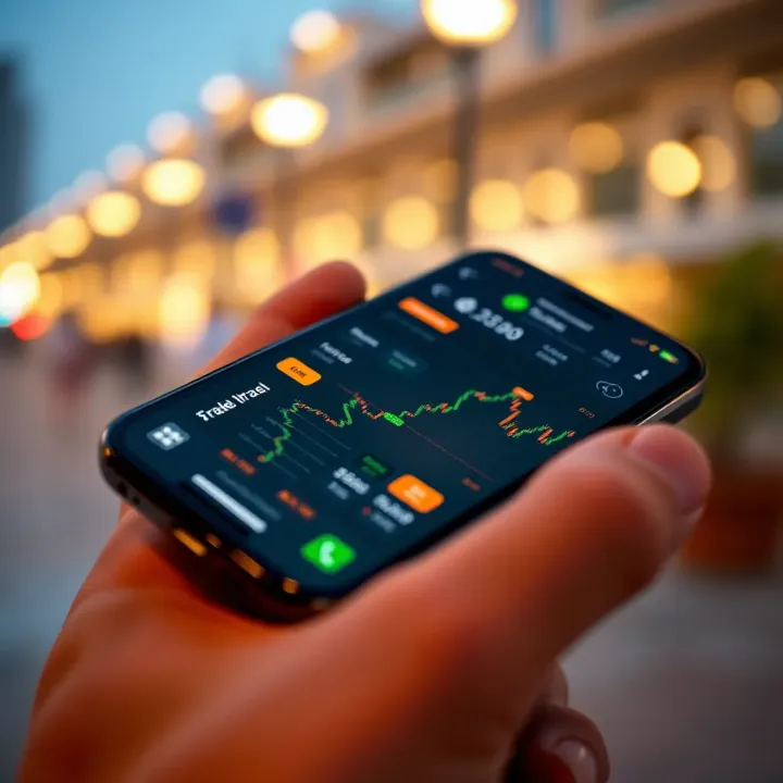 Mobile phone displaying a trading app interface with stock charts and investment options