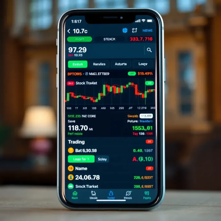 Mobile phone screen displaying a variety of stock market charts and trading options