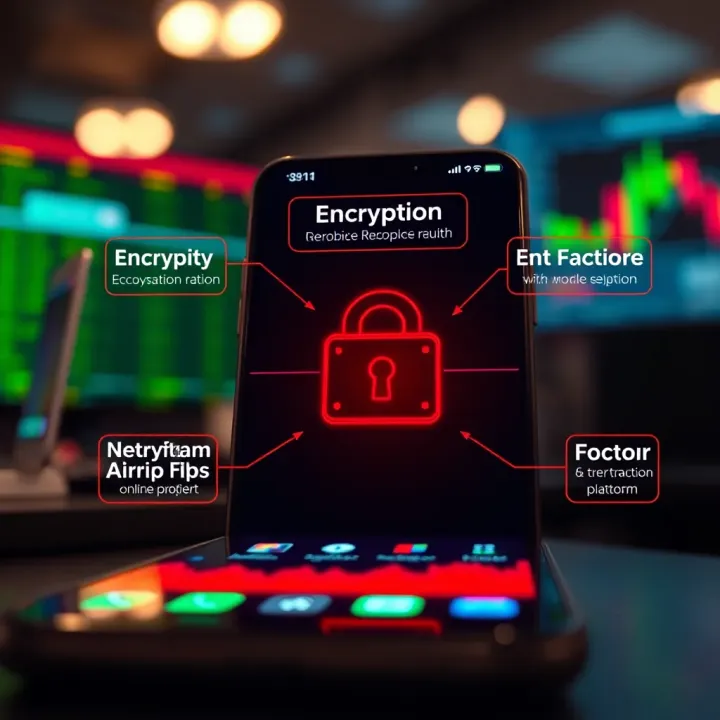 Illustration showing security measures like encryption and two-factor authentication on a mobile trading platform