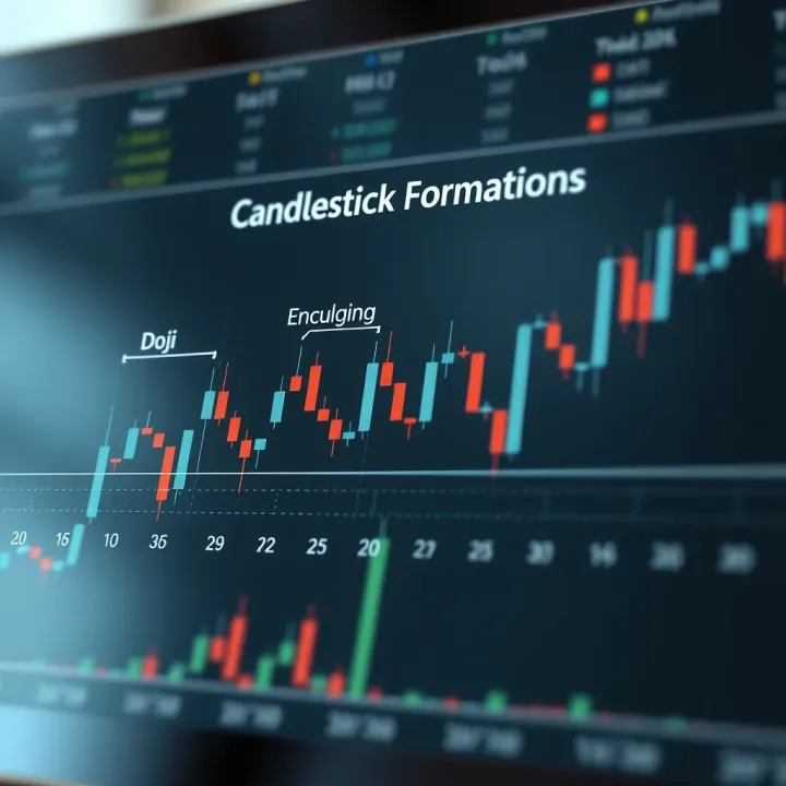 Diagram showing common candlestick formations like doji and engulfing pattern used for market trend analysis
