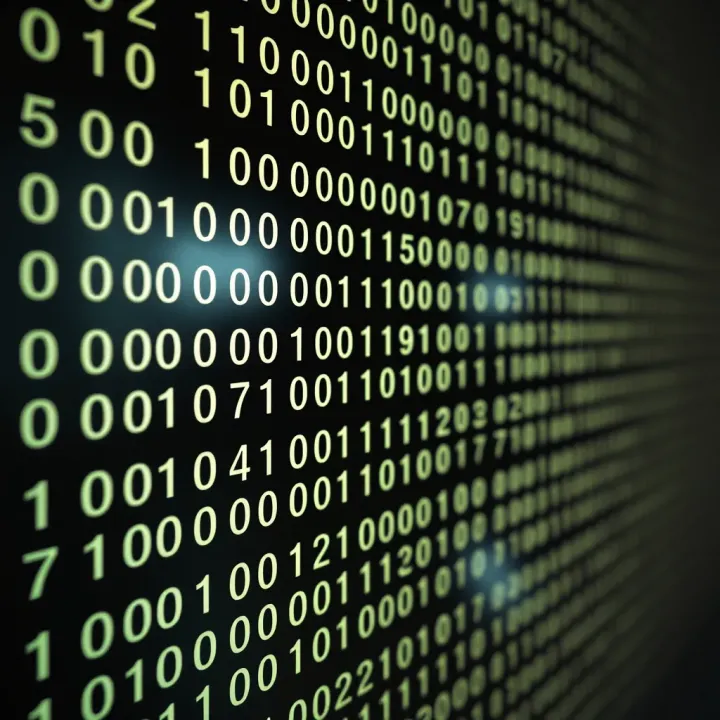 Visual representation of a binary code sequence with zeros and ones aligned in rows and columns