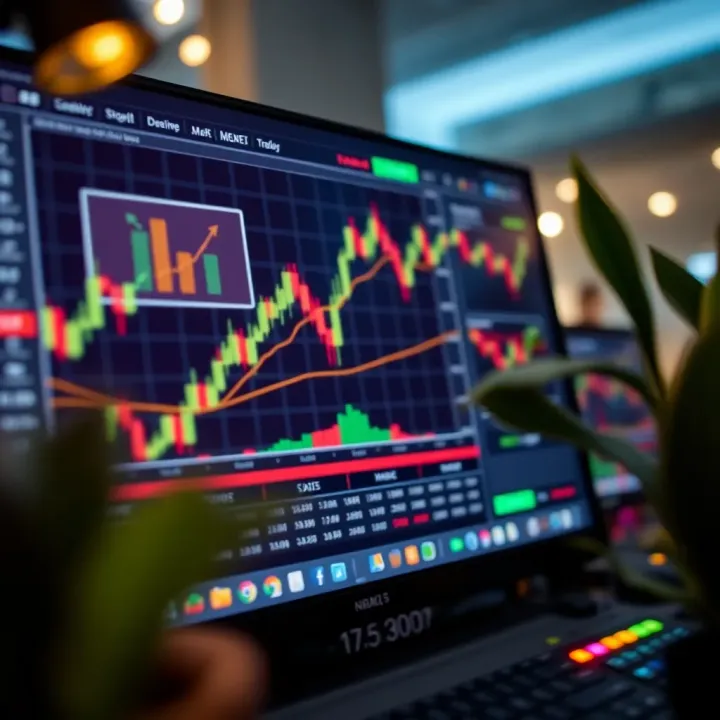 Illustration of digital trading platform interface displaying binary trading charts and indicators