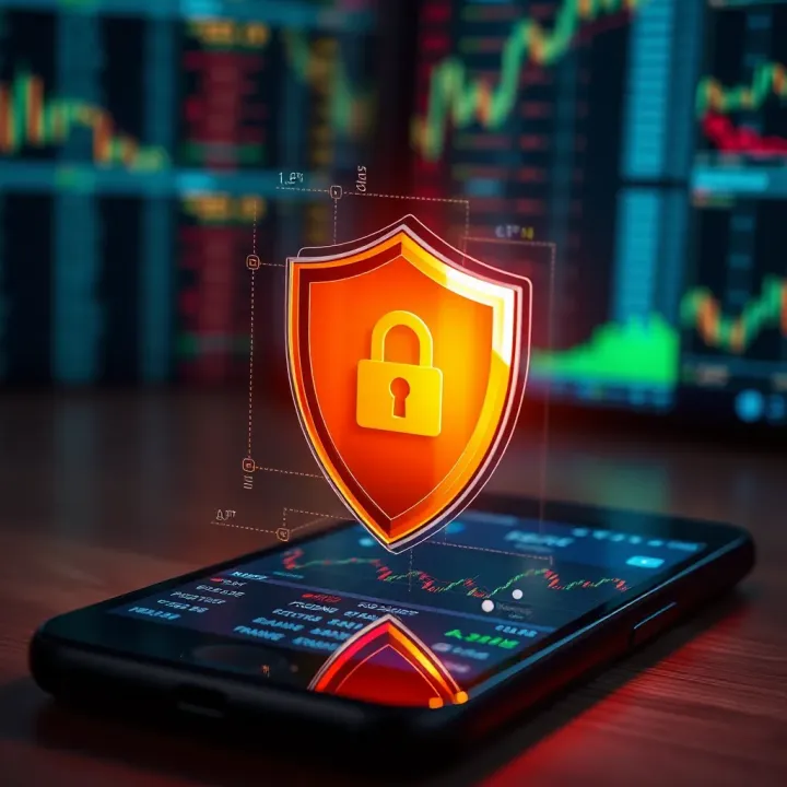 Secure online trading with digital shield symbolizing protection of financial transactions on a smartphone