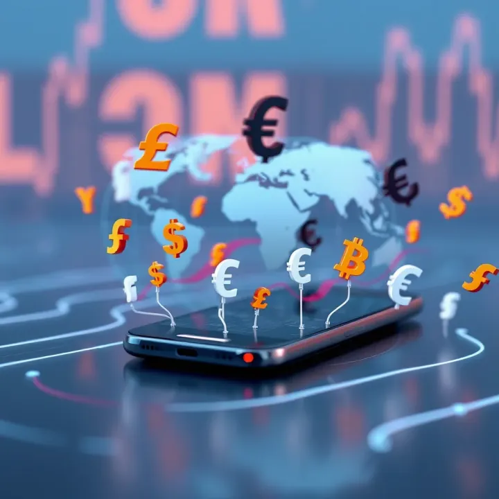 Global Currency Symbols Linked to Mobile Device for Forex Trading Illustration of various currency symbols connected to a smartphone representing global forex trading
