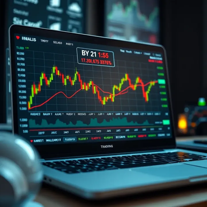 Virtual stock market trading interface displaying candlestick charts and multiple stock indices