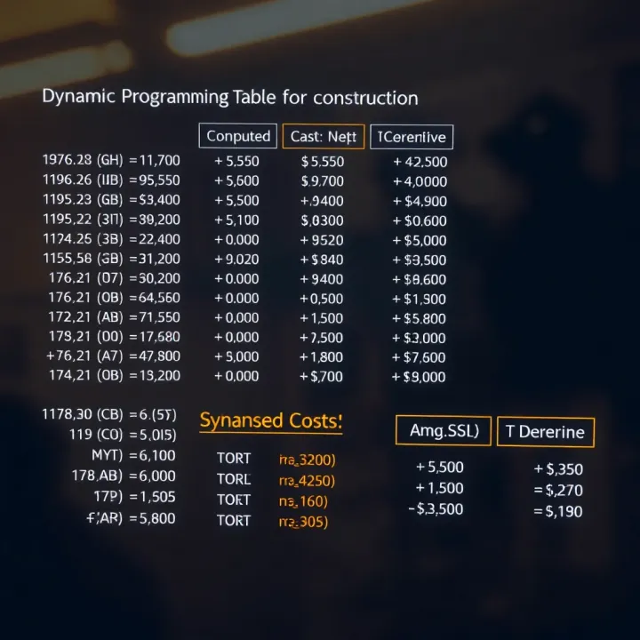 Dynamic programming table showing computed costs for subproblems in constructing the optimal binary search tree