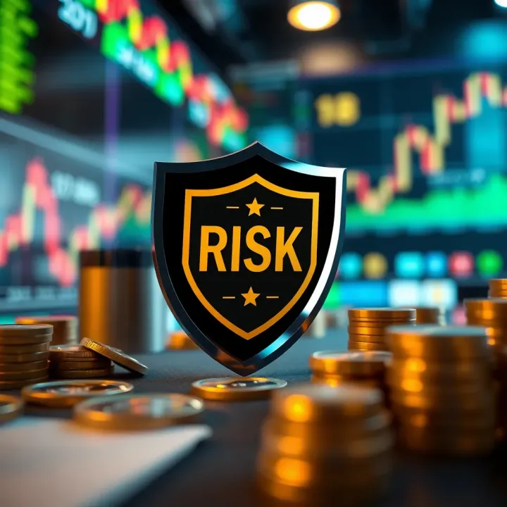 Conceptual representation of risk management with protective shield and financial symbols