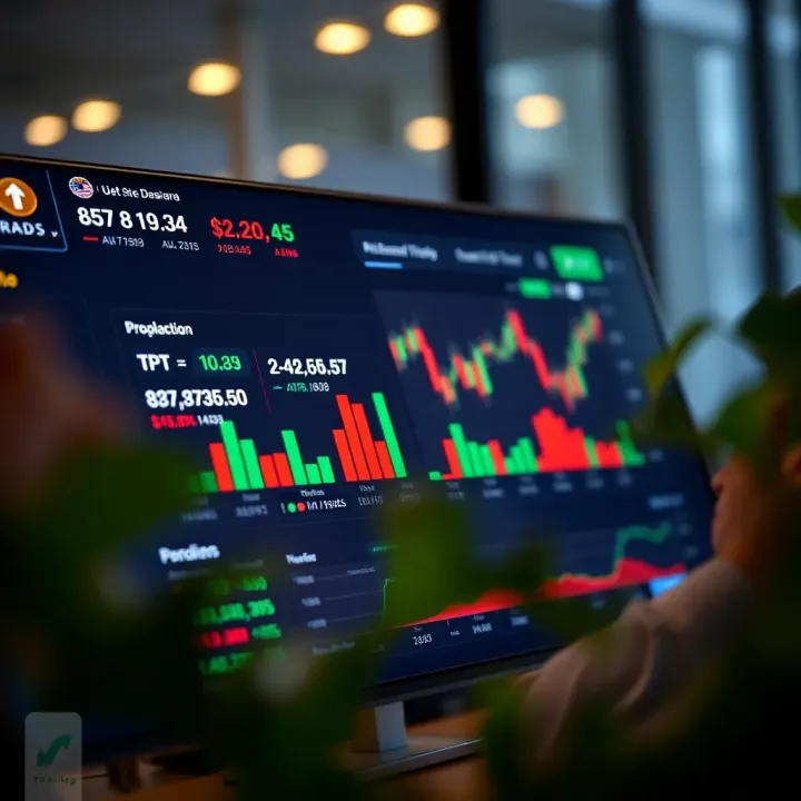 A digital interface displaying a simulated stock trading dashboard with charts and buy-sell options