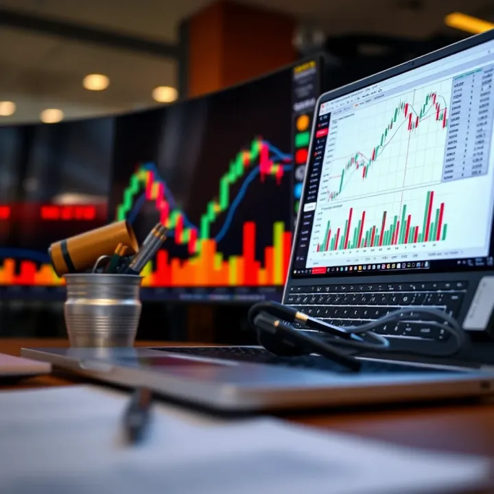 Graphical representation of stock market trends and portfolio analysis on a laptop screen