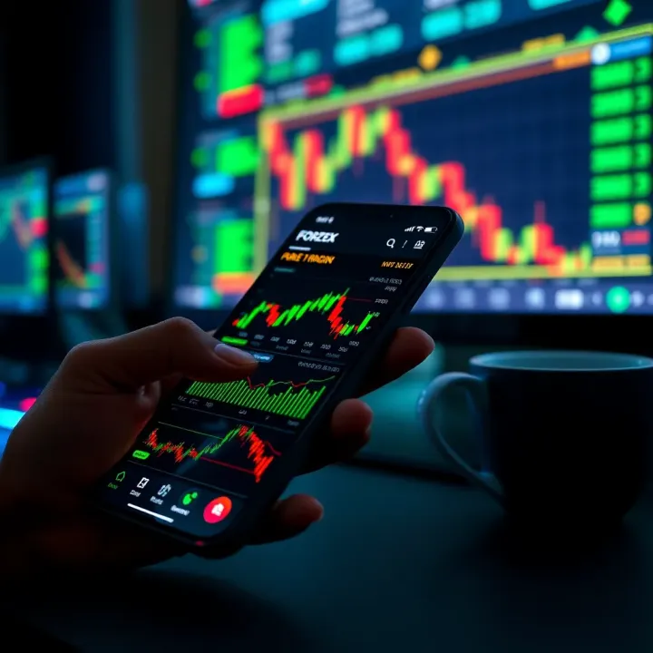 Mobile device showcasing forex trading tools and real-time market data on an app