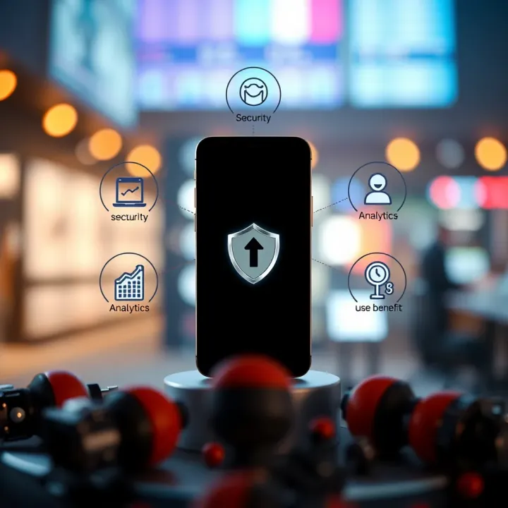 Illustration of a smartphone surrounded by icons representing security, analytics, and user benefits for trading apps