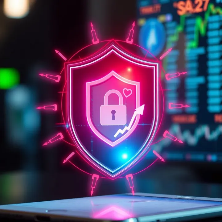 Secure digital shield icon with elements representing safety features in mobile trading apps