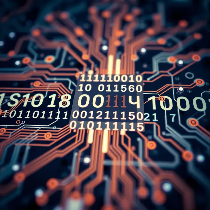 Illustration of electronic circuits with binary code overlay symbolizing computational logic