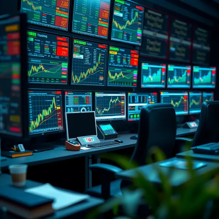 Illustration of a trading workstation featuring multiple screens showing stock data and risk management tools