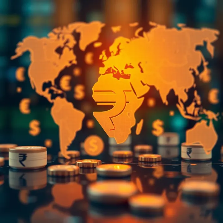 Graphic showing Indian rupee symbol alongside global currency icons representing forex market connectivity