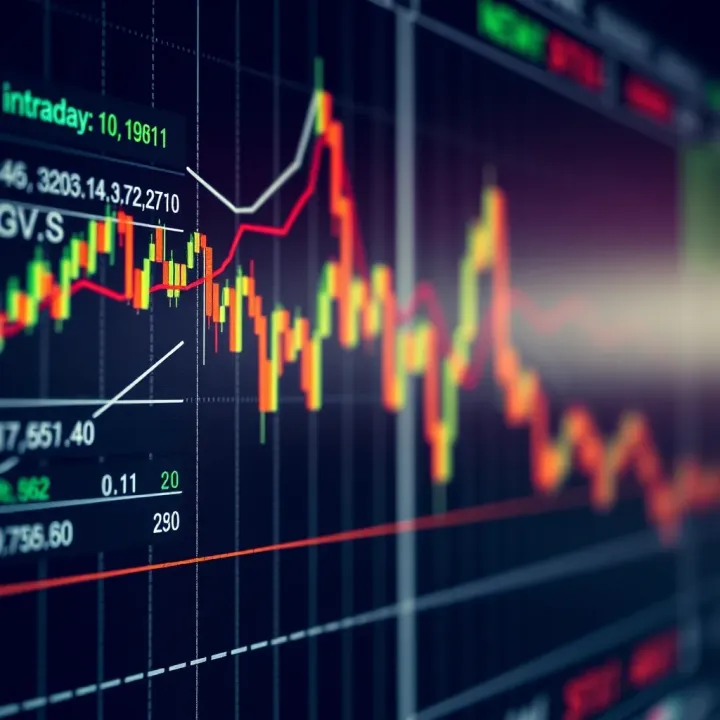 Stock market trading chart showing intraday price fluctuations against a financial backdrop