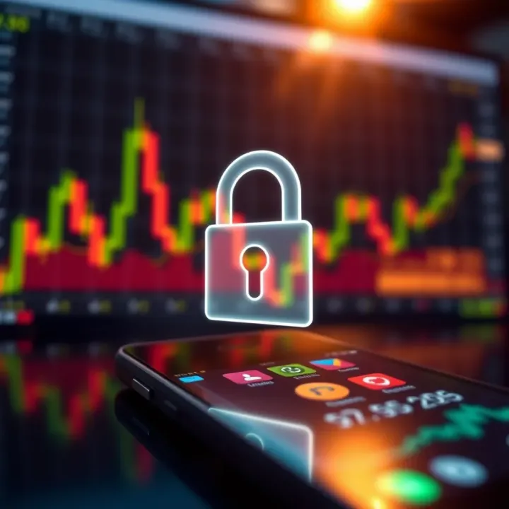 Secure digital lock symbol overlaid on a smartphone with financial graphs in the background