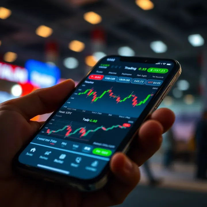 Trading App Interface Displaying Market Trends User interface showcasing trading charts and market data on a mobile phone