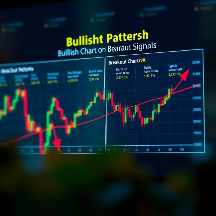 Diagram of bullish and bearish chart patterns highlighting breakout points and typical price movements