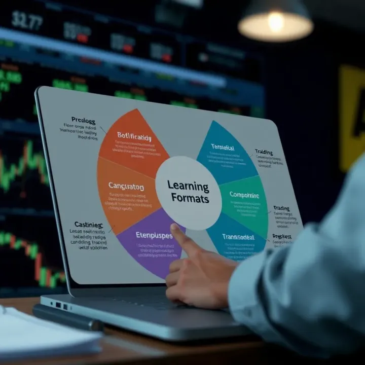 Diagram representing different learning formats and course content for options trading education
