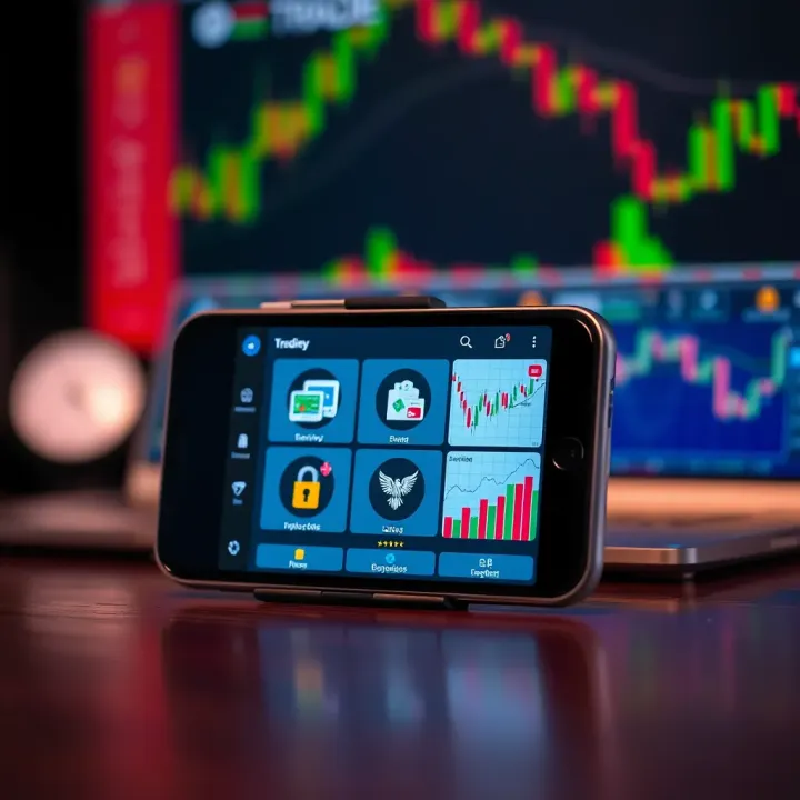 Illustration of a mobile device showing popular trading platforms in India with security icons and trading charts