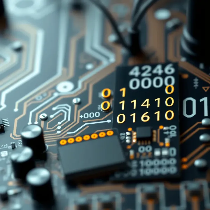 Visual representation of a digital circuit board highlighting the use of octal and binary number systems
