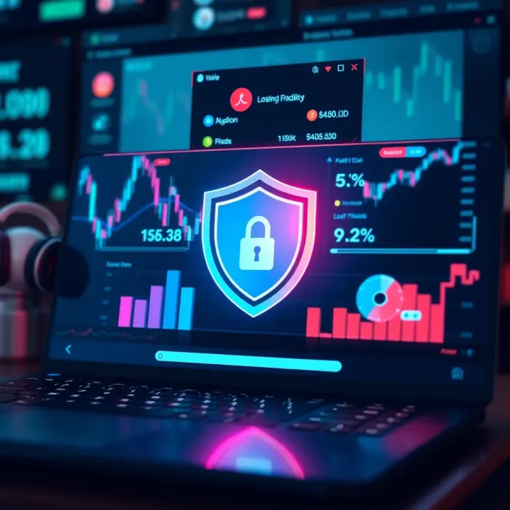 Illustration showing safe and secure online trading environment with shield symbol and financial graphics