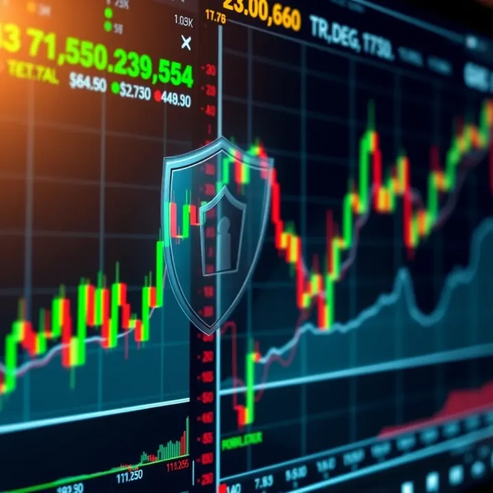Security shield icon overlaying stock market graphs on a digital screen