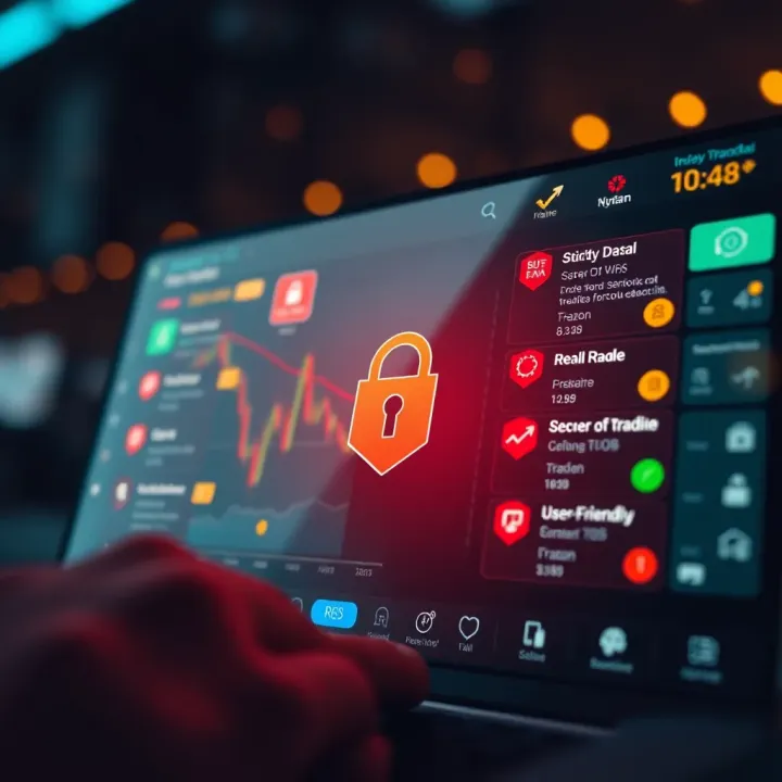 Illustration of key features in a trading app including security measures, real-time data, and user-friendly navigation