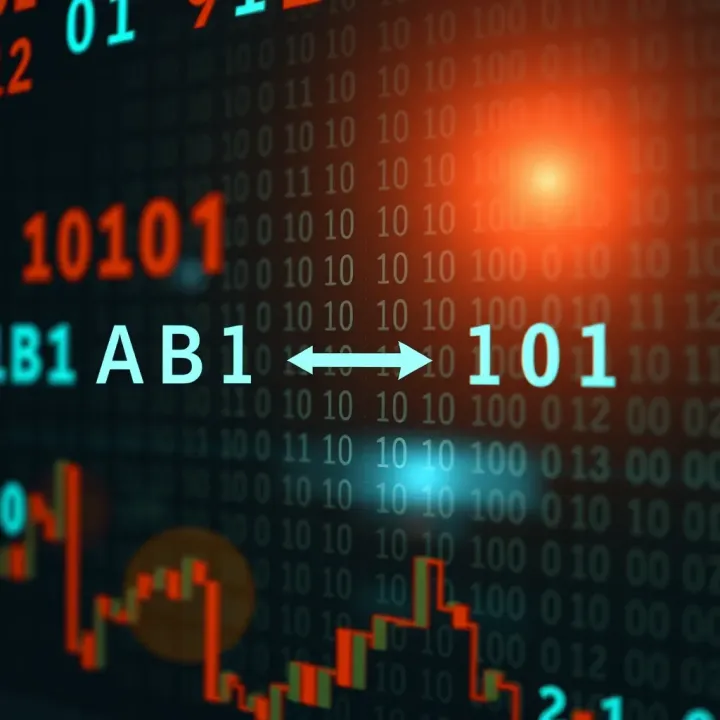 Graphic illustrating conversion between alphabet characters and binary code with arrows indicating two-way transformation
