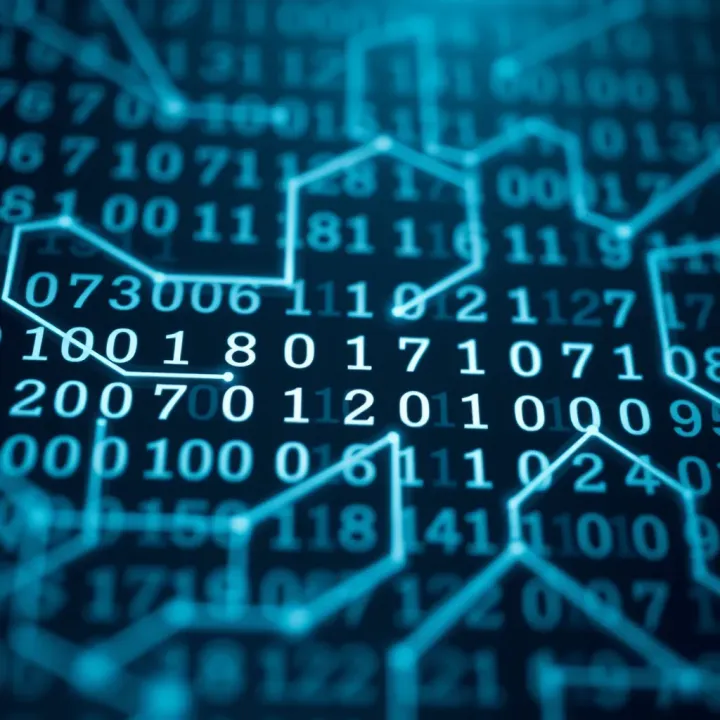 Visual representation of binary code using zero and one symbols interconnected in a circuit-like pattern
