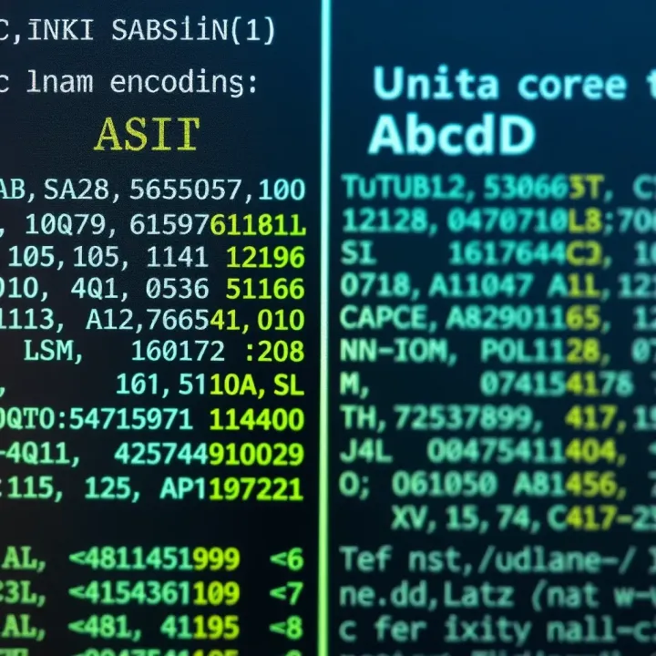 Chart comparing ASCII and Unicode encoding standards for alphabet representation