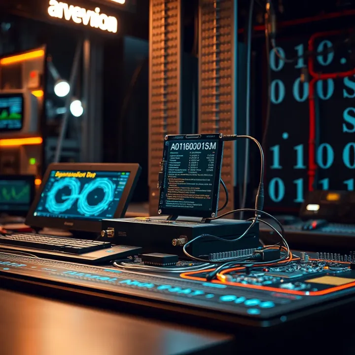 Illustration of digital technology devices interconnected through binary signals