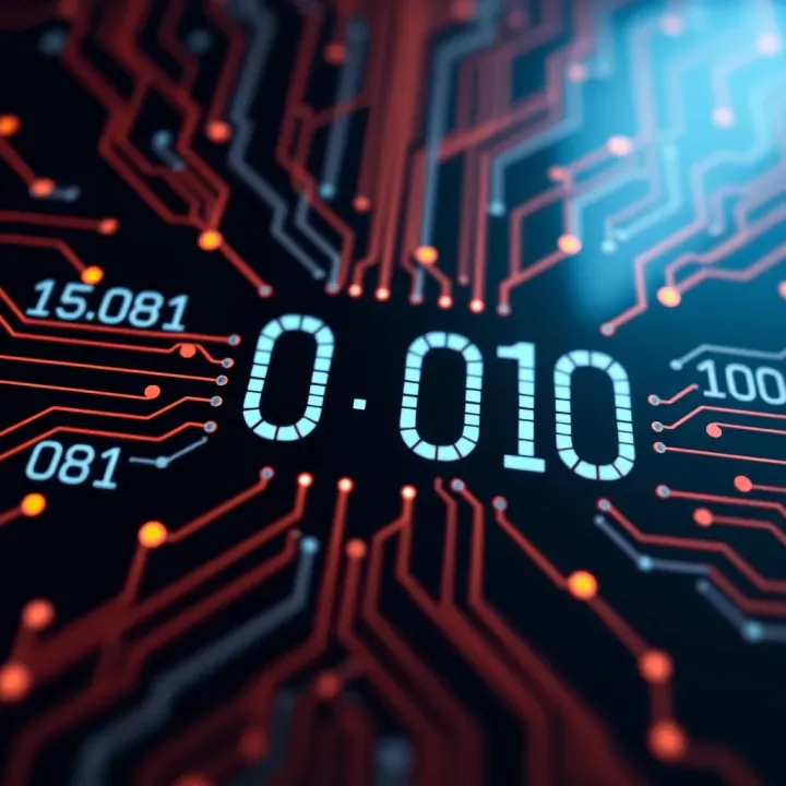 Visual representation of binary digits forming a digital circuit pattern