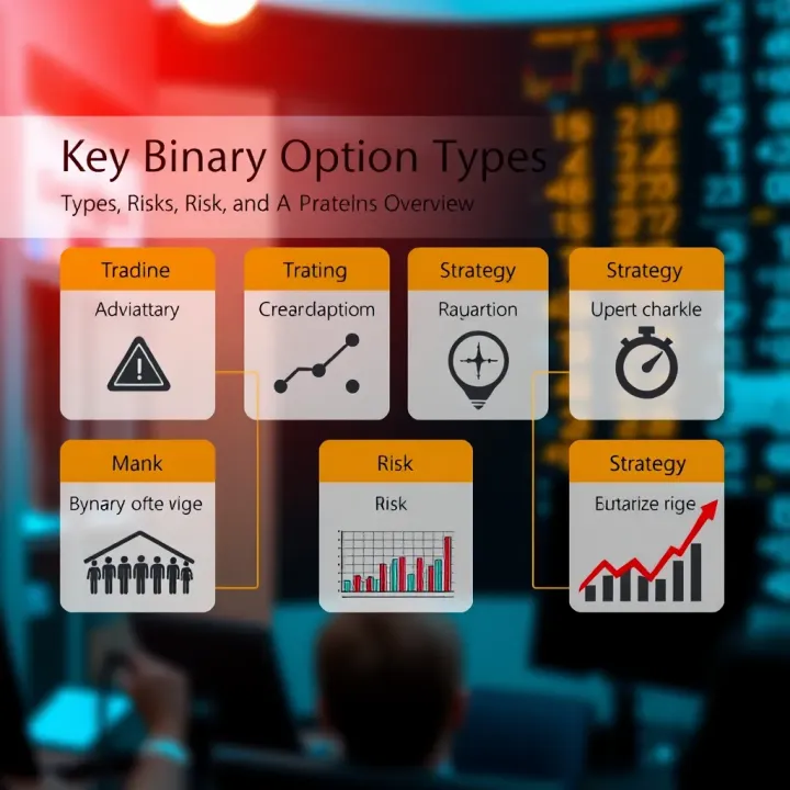 Visual representation of different binary option types alongside risk assessment and strategy icons