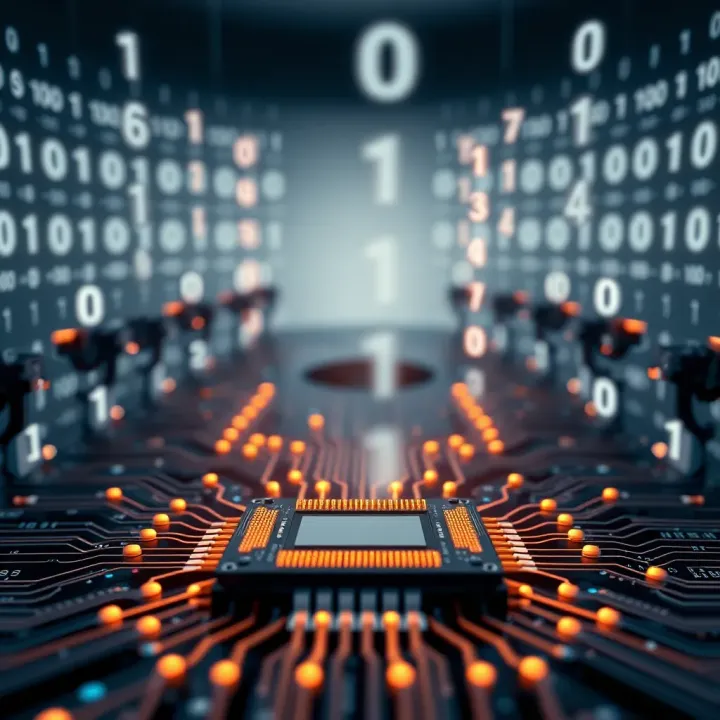 Diagram showing binary digits connected to a computer chip representing digital data flow
