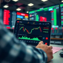 User interface of a demo share trading app displaying stock charts and virtual balance