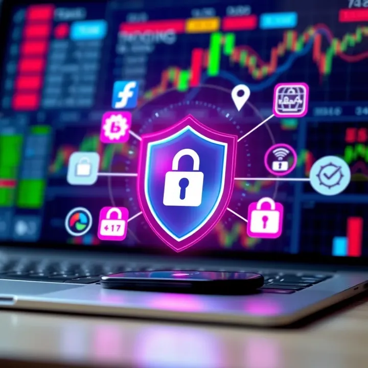 Ensuring Safety in Online Trading Platforms Illustration showing digital security shield surrounded by financial icons representing safe online stock trading