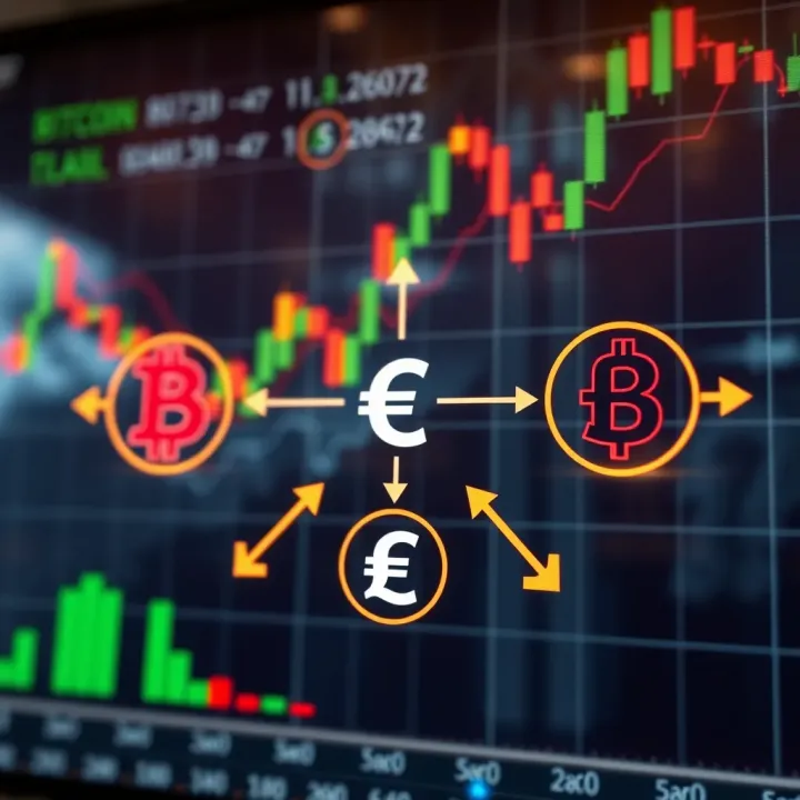 Conceptual graphic showing currency symbols connected by arrows representing trading strategies and market dynamics