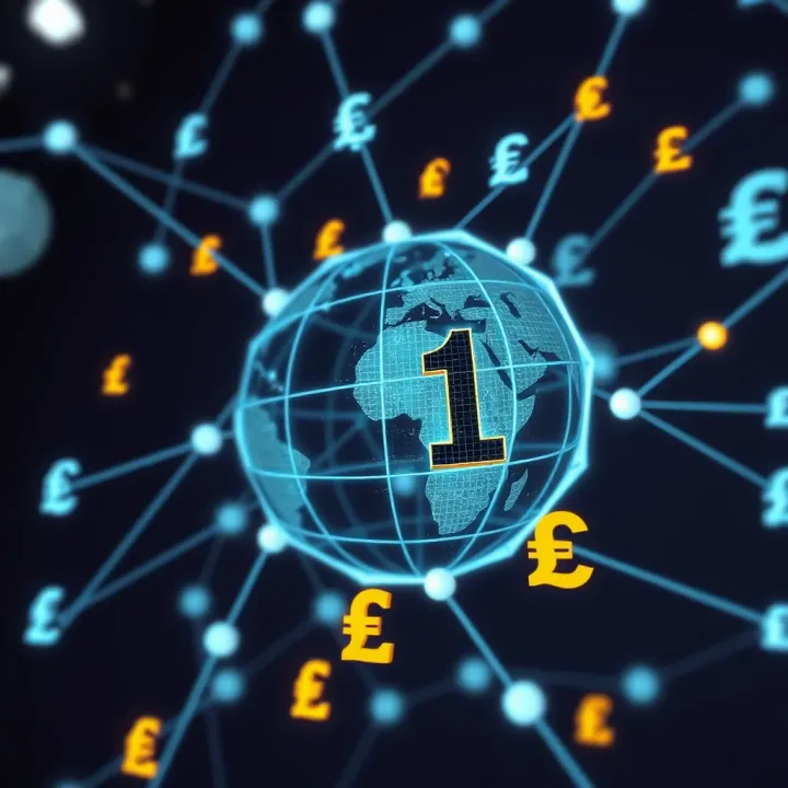 Global currency exchange with various international currency symbols interconnected by network lines