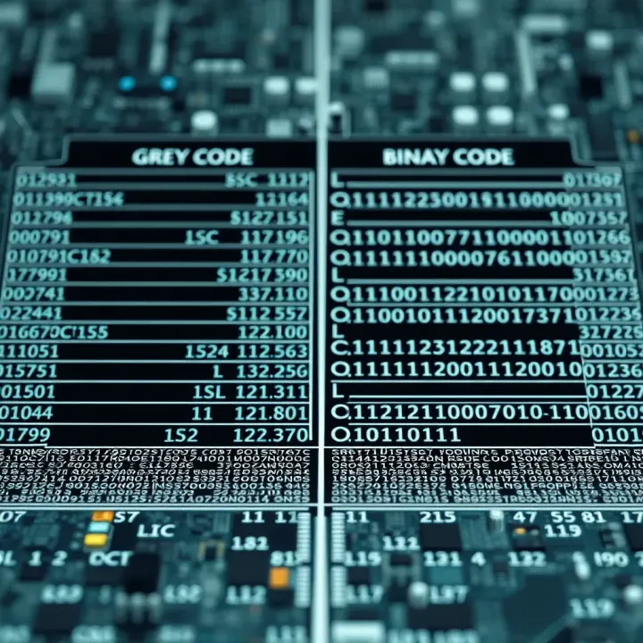 Chart comparing grey code and binary code formats highlighting differences and usage in digital electronics