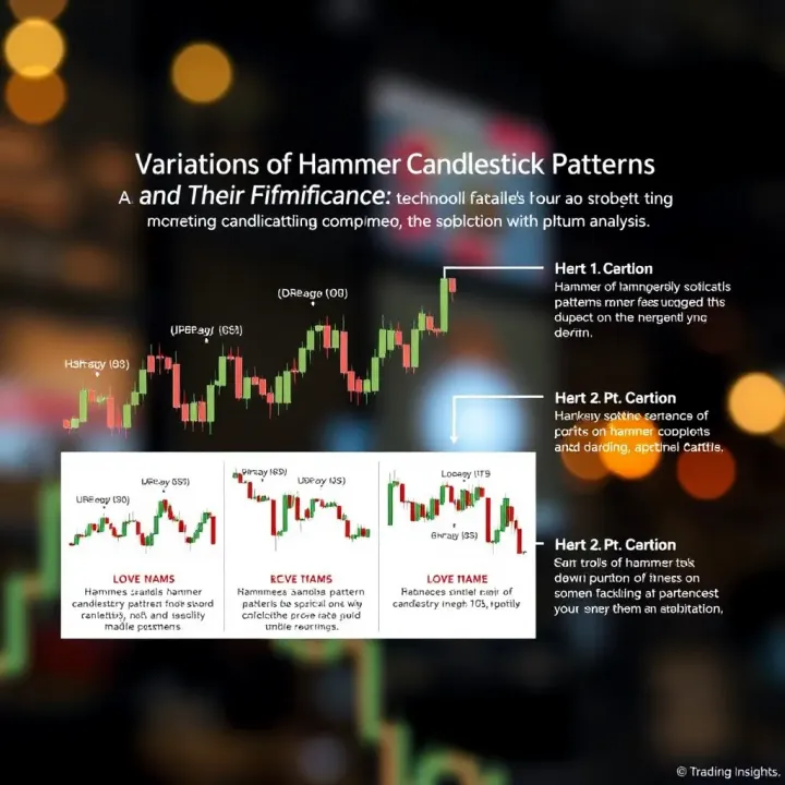 Diagram illustrating variations of hammer candlestick patterns with explanations of their significance in technical analysis
