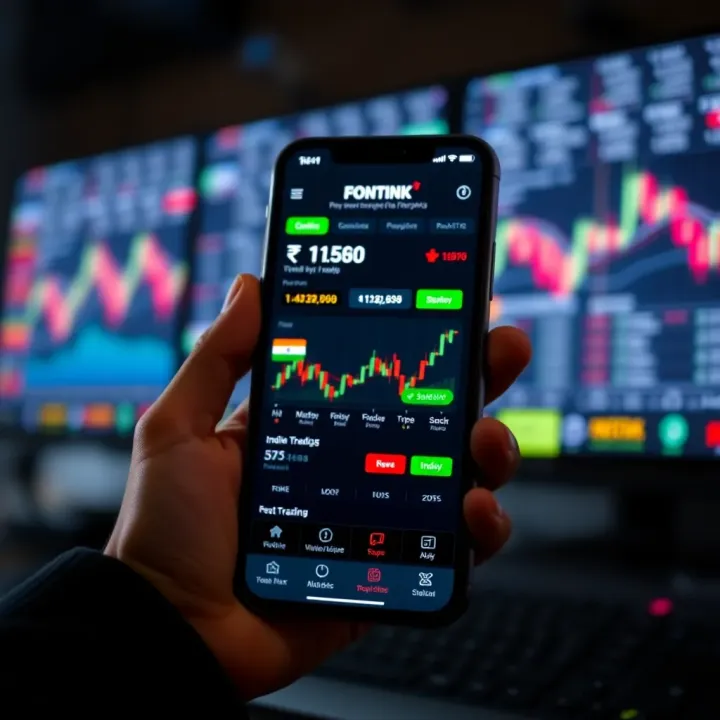 A smartphone displaying a forex trading app interface with Indian rupee symbols and stock market graphs