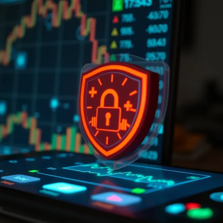 Secure mobile trading platform illustrating encryption and protection symbols over financial transactions