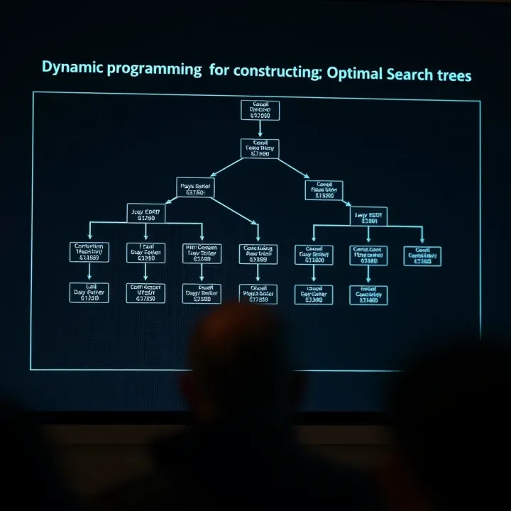 Flowchart showing dynamic programming approach used to construct optimal binary search trees with cost calculations