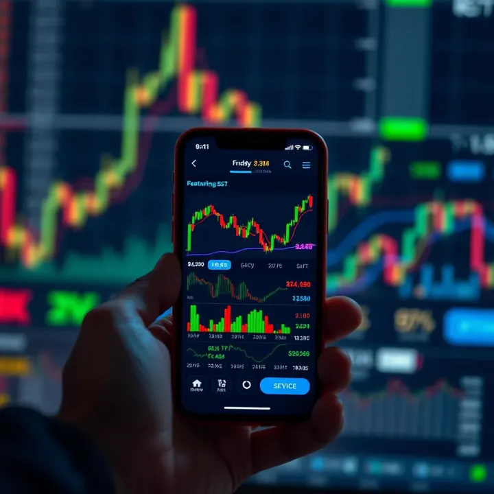 Mobile phone displaying trading app interface with stock charts and financial data